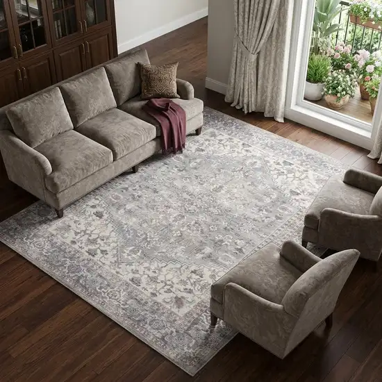Gray Floral Power Loom Distressed Area Rug Photo 1