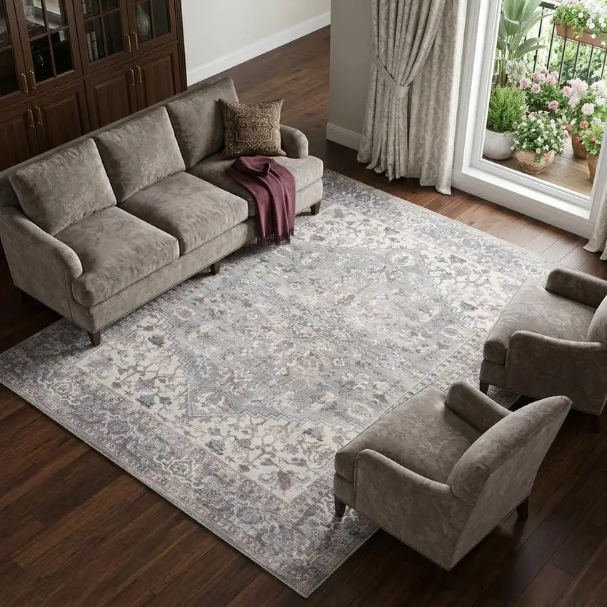 Gray Floral Power Loom Distressed Area Rug Photo 1