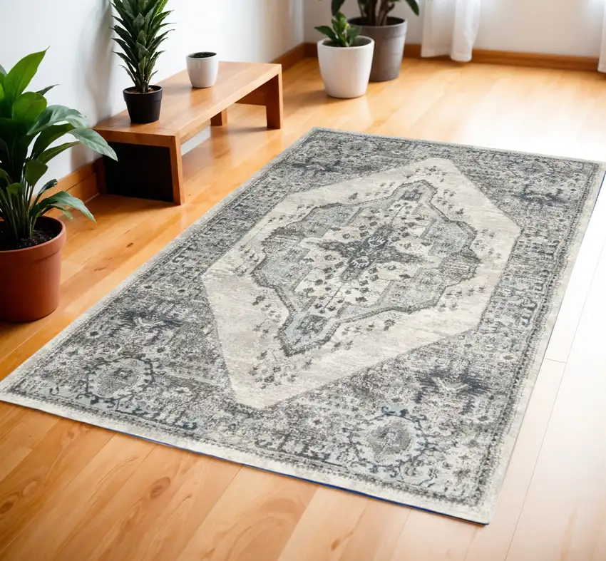 Gray Floral Power Loom Distressed Area Rug Photo 1