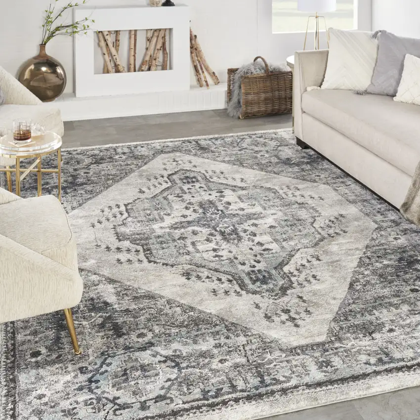 Gray Floral Power Loom Distressed Area Rug Photo 9