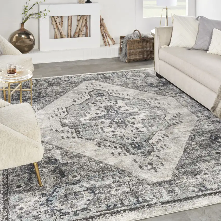 Gray Floral Power Loom Distressed Area Rug Photo 4