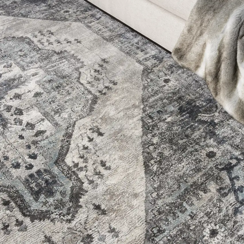 Gray Floral Power Loom Distressed Area Rug Photo 8