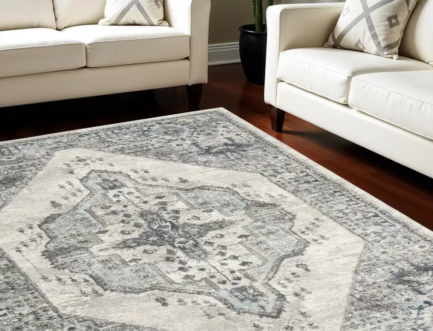 Gray Floral Power Loom Distressed Area Rug Photo 1