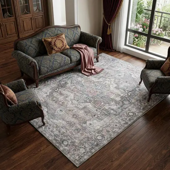 Gray Floral Power Loom Distressed Washable Area Rug Photo 1