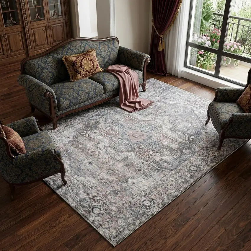 Gray Floral Power Loom Distressed Washable Area Rug Photo 1