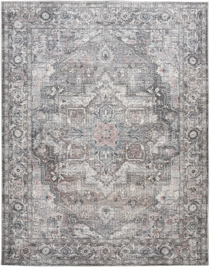 Gray Floral Power Loom Distressed Washable Area Rug Photo 2