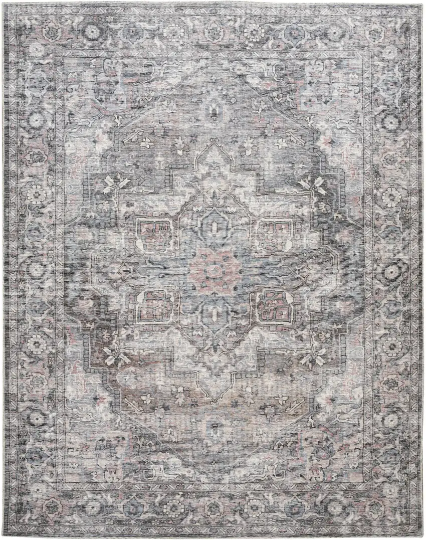 Gray Floral Power Loom Distressed Washable Area Rug Photo 2