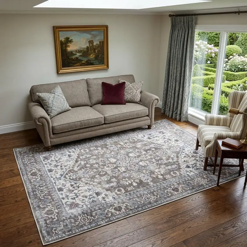 Gray Floral Power Loom Distressed Washable Area Rug Photo 1