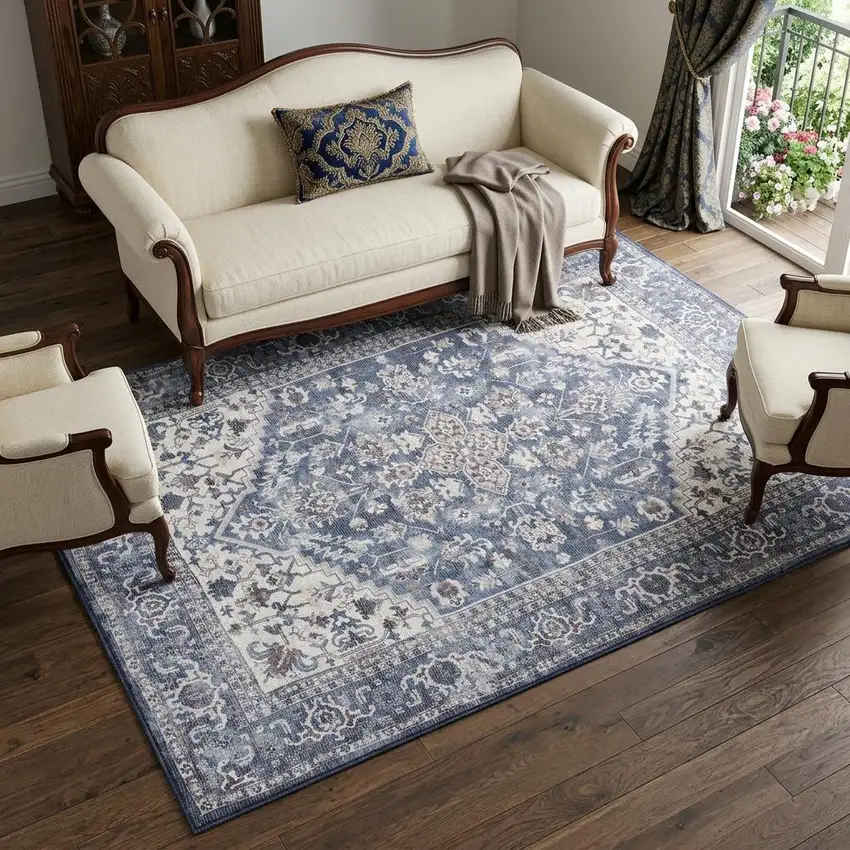 Gray Floral Power Loom Distressed Washable Area Rug Photo 1