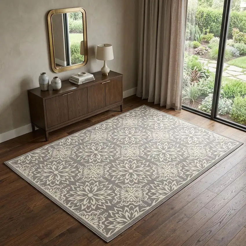 Gray Floral Power Loom Non Skid Area Rug Photo 1