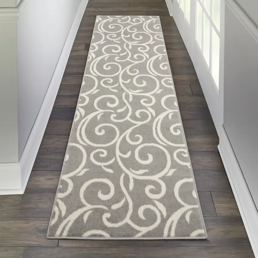 8' Gray Floral Runner Rug Photo 3