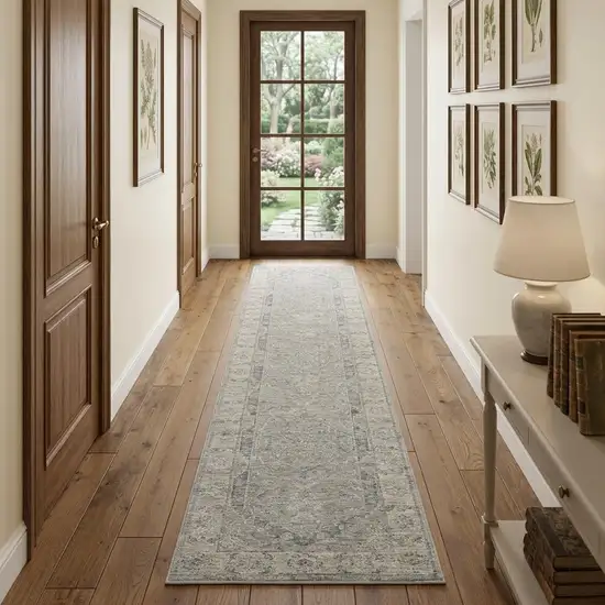 10' Gray Floral Runner Rug Photo 1