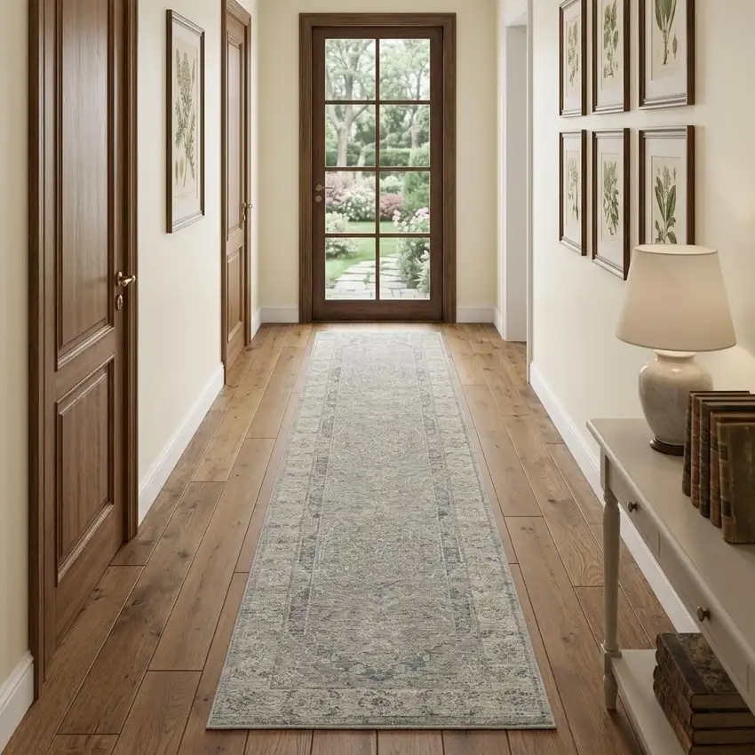 10' Gray Floral Runner Rug Photo 1