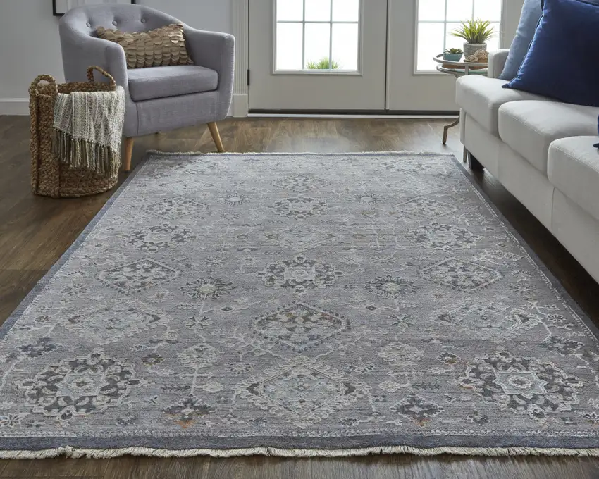 Gray Floral Power Loom Stain Resistant Area Rug Photo 2