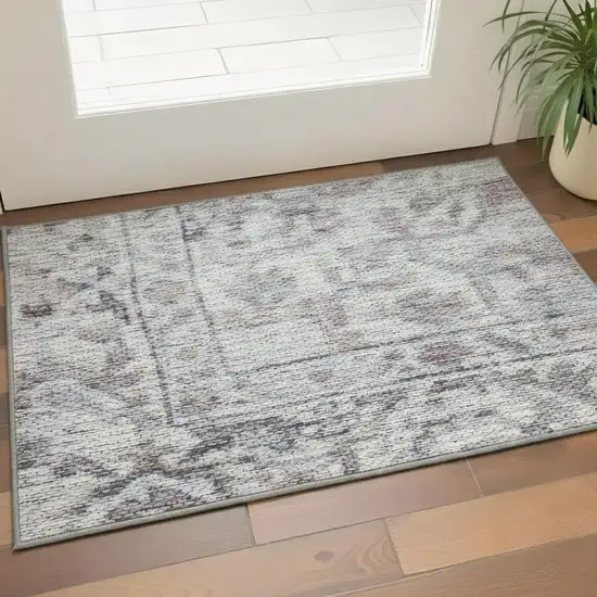 Gray Floral Power Loom Worn Faded Area Rug Photo 1