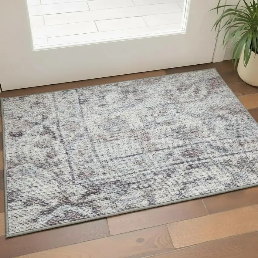 Gray Floral Power Loom Worn Faded Area Rug Photo 1