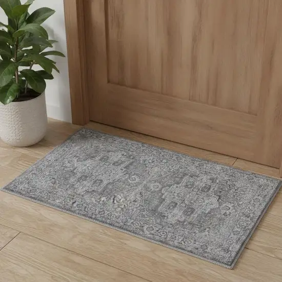 Gray Floral Power Loom Worn Faded Area Rug Photo 1