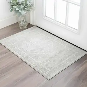 Photo of Gray Floral Power Loom Worn Faded Area Rug