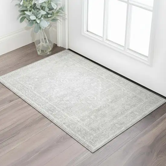 Gray Floral Power Loom Worn Faded Area Rug Photo 1