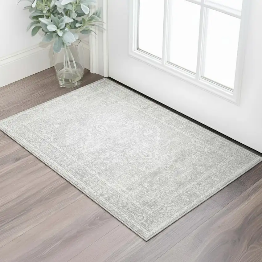 Gray Floral Power Loom Worn Faded Area Rug Photo 1