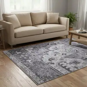 Photo of Gray Floral Power Loom Worn Faded Non Skid Area Rug
