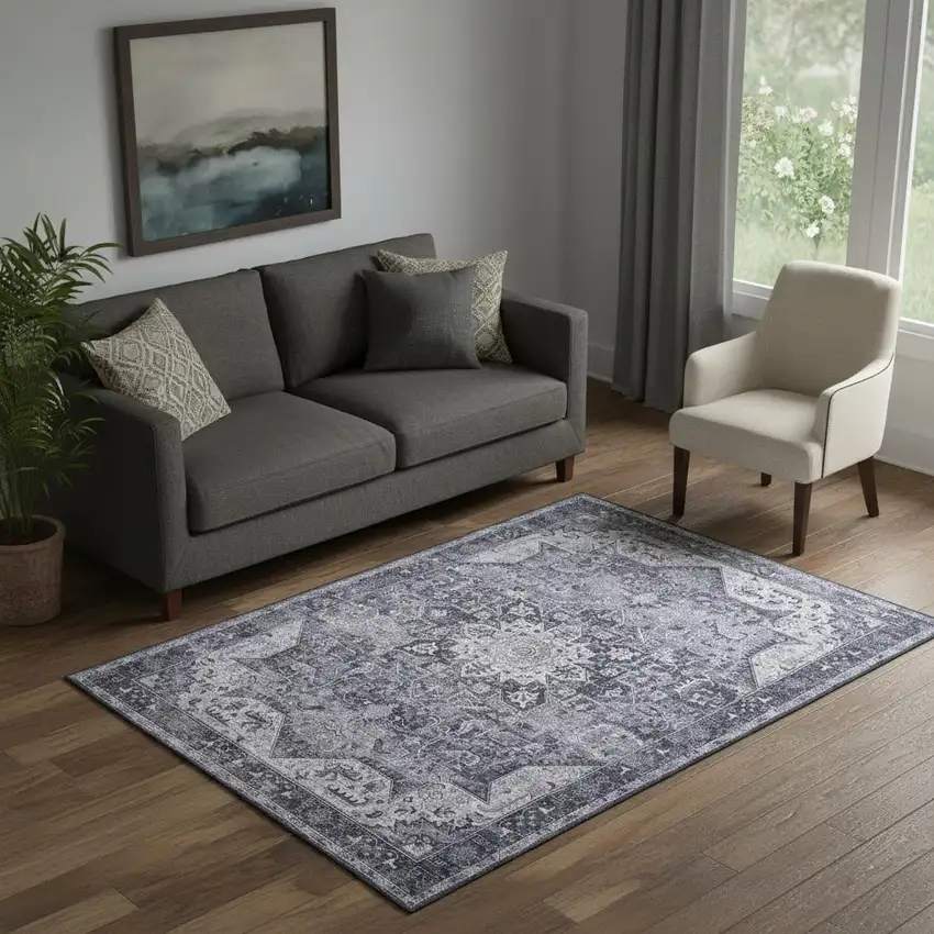 Gray Floral Power Loom Worn Faded Non Skid Area Rug Photo 1