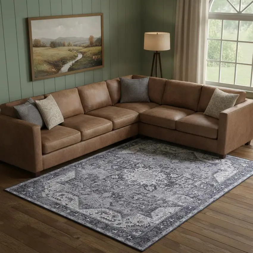 Gray Floral Power Loom Worn Faded Non Skid Area Rug Photo 1