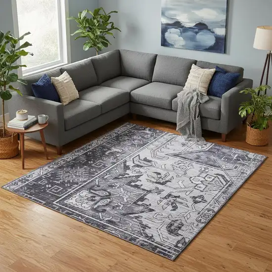 Gray Floral Power Loom Worn Faded Non Skid Area Rug Photo 1