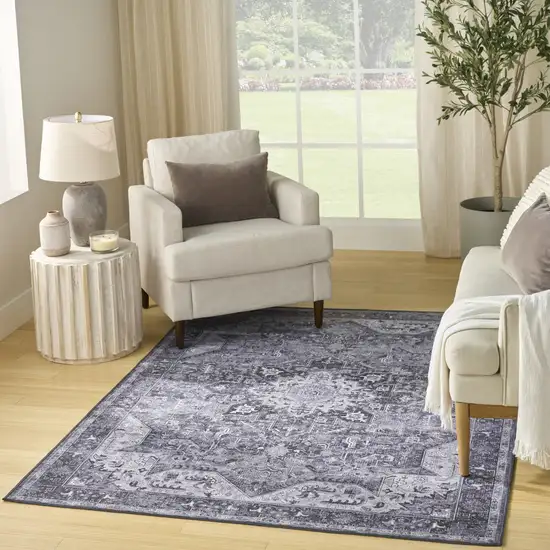 Gray Floral Power Loom Worn Faded Non Skid Area Rug Photo 5