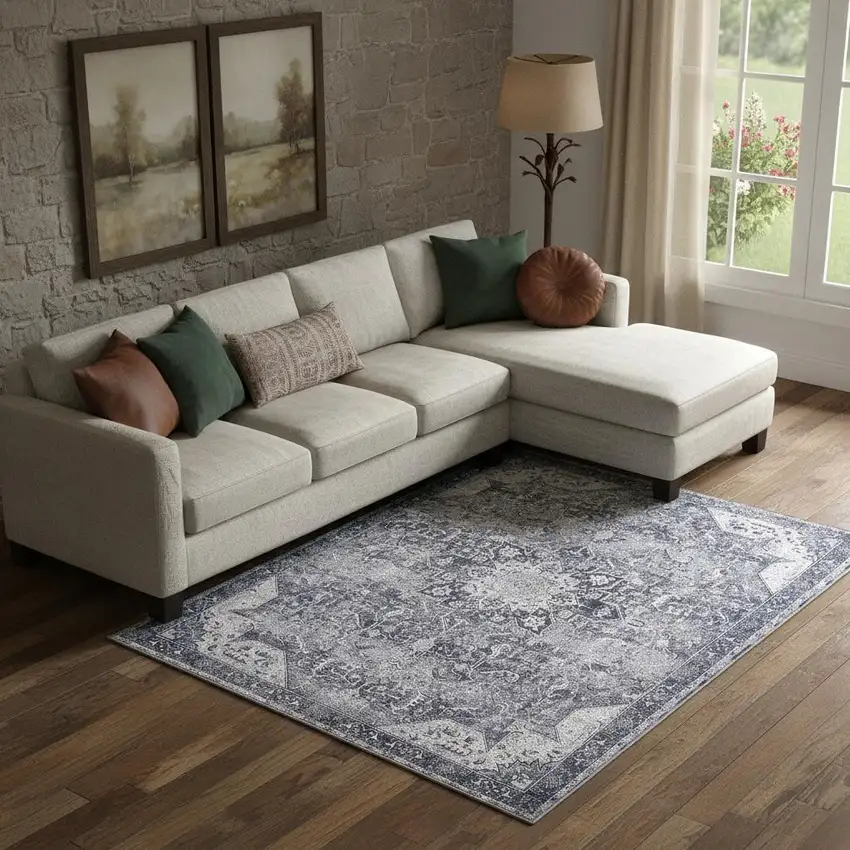 Gray Floral Power Loom Worn Faded Non Skid Area Rug Photo 1