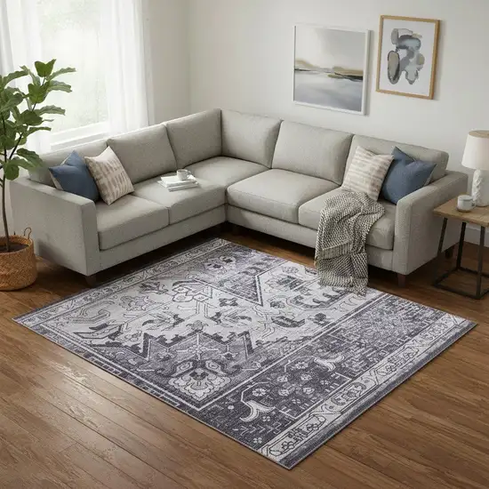 Gray Floral Power Loom Worn Faded Non Skid Area Rug Photo 1