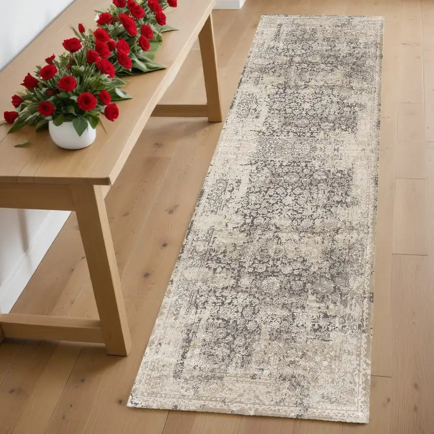 Gray Floral Runner Rug Photo 1