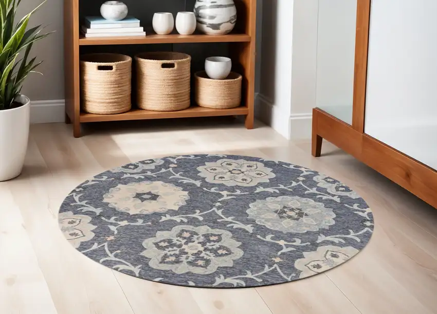 5' Blue And Gray Round Wool Hand Tufted Area Rug Photo 1