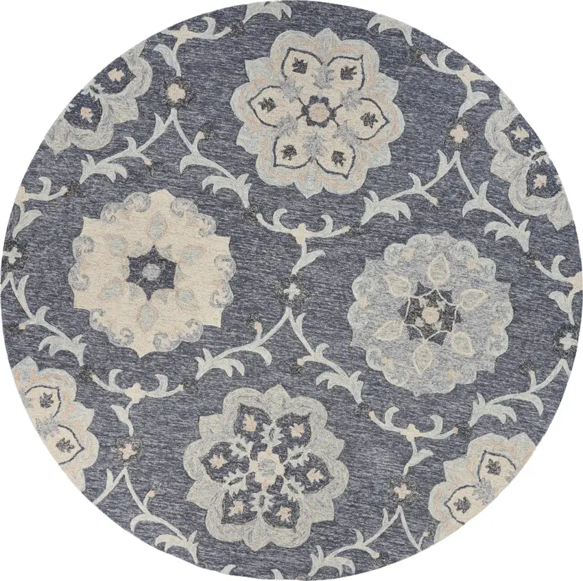 5' Blue And Gray Round Wool Hand Tufted Area Rug Photo 4