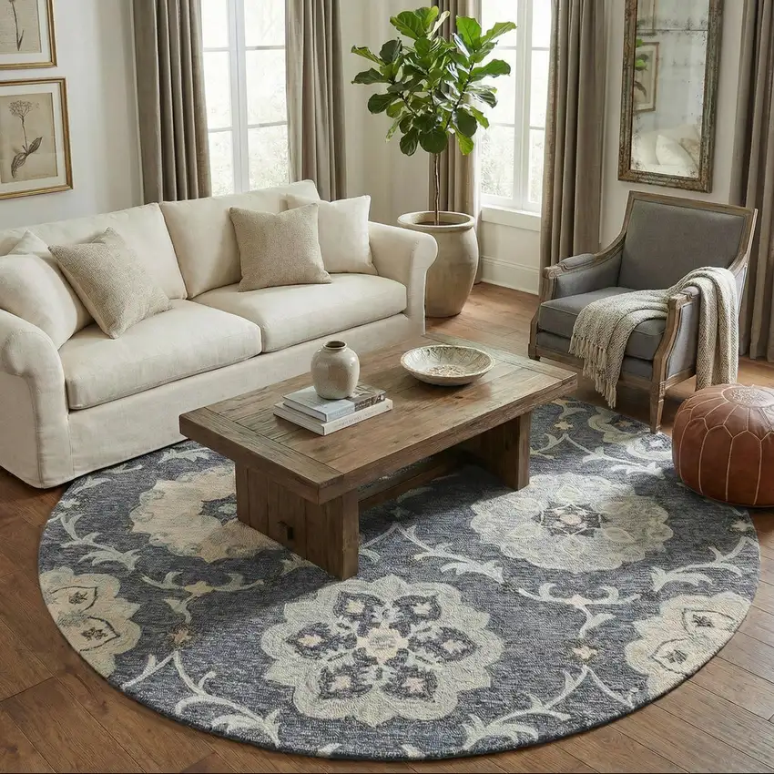 5' Blue And Gray Round Wool Hand Tufted Area Rug Photo 5