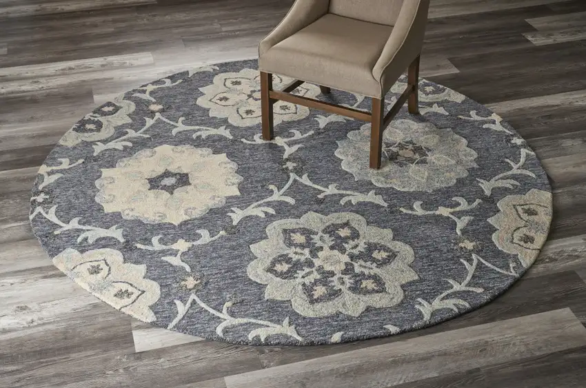 7' Blue And Gray Round Wool Hand Tufted Area Rug Photo 5
