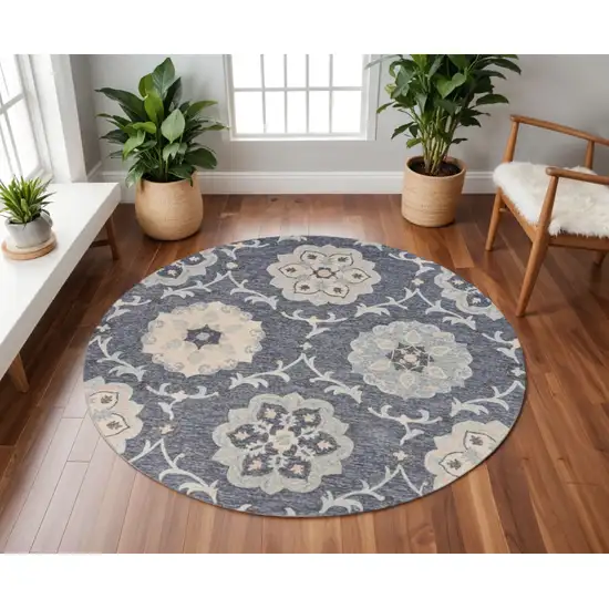 7' Blue And Gray Round Wool Hand Tufted Area Rug Photo 1