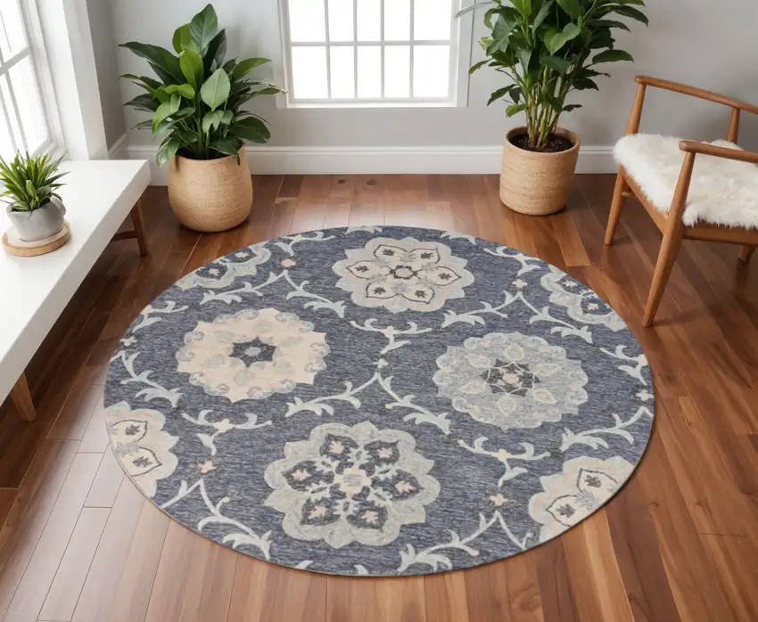 7' Blue And Gray Round Wool Hand Tufted Area Rug Photo 1