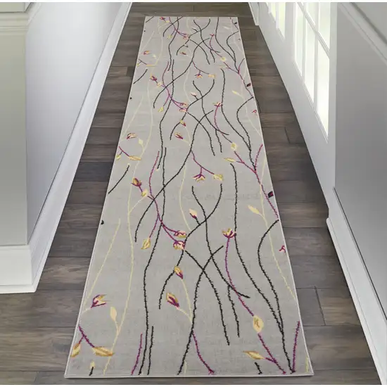 12' Gray Floral Vines Runner Rug Photo 3