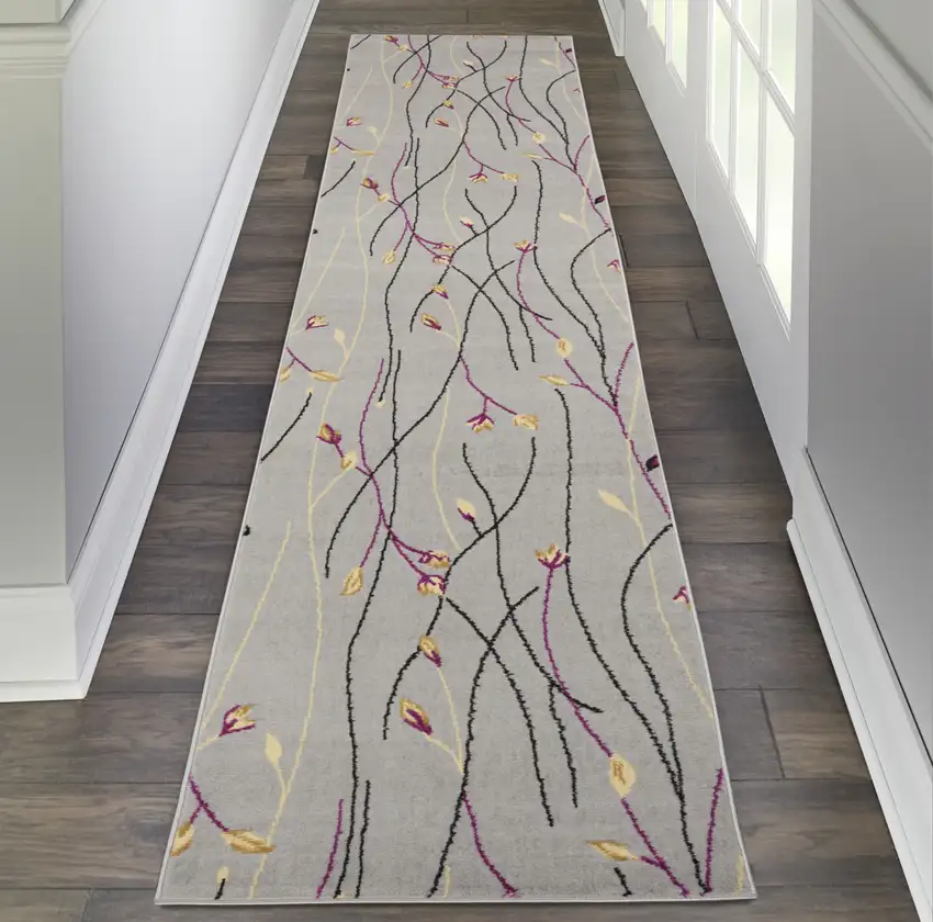 12' Gray Floral Vines Runner Rug Photo 3