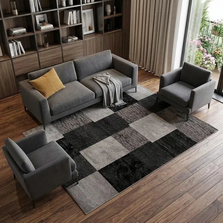 Black And Gray Geometric Distressed Area Rug Photo 1