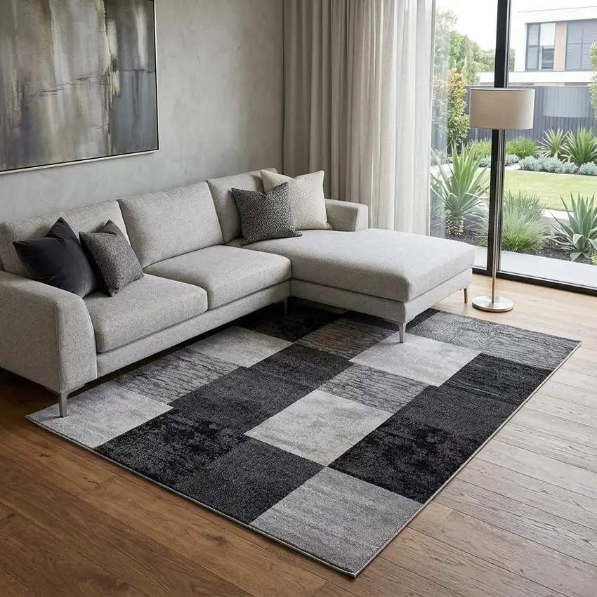 Black And Gray Geometric Distressed Area Rug Photo 1
