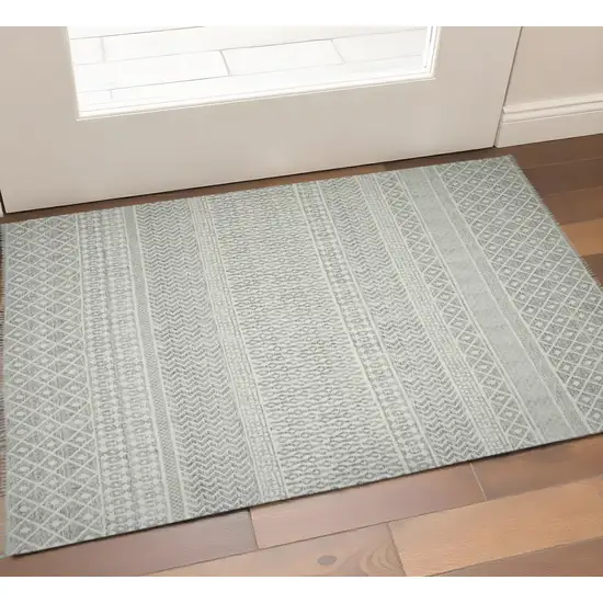 Gray And Ivory Geometric Flatweave Handmade Distressed Area Rug With Fringe Photo 1