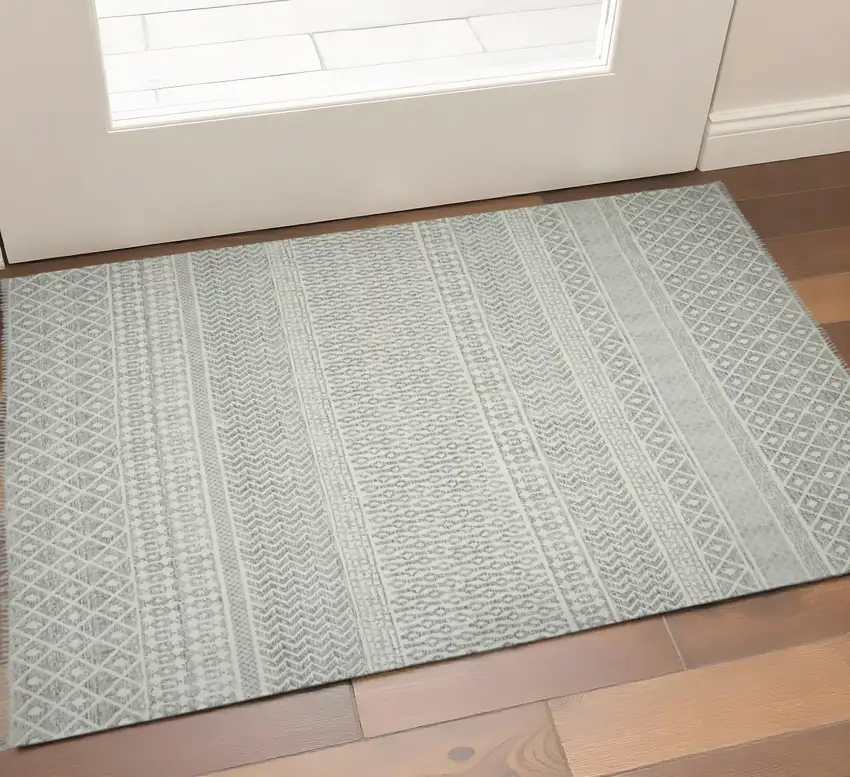 Gray And Ivory Geometric Flatweave Handmade Distressed Area Rug With Fringe Photo 1
