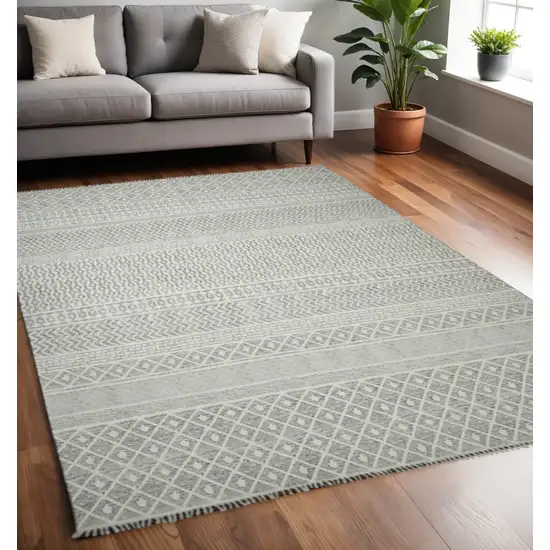 Gray And Ivory Geometric Flatweave Handmade Distressed Area Rug With Fringe Photo 1