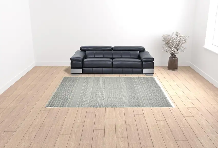 Gray Geometric Flatweave Handmade Distressed Area Rug With Fringe Photo 2