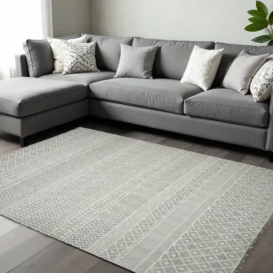 Gray And Ivory Geometric Flatweave Handmade Distressed Area Rug With Fringe Photo 1