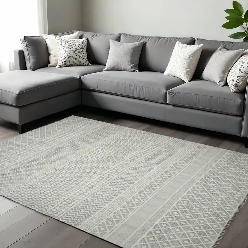 Gray And Ivory Geometric Flatweave Handmade Distressed Area Rug With Fringe Photo 1