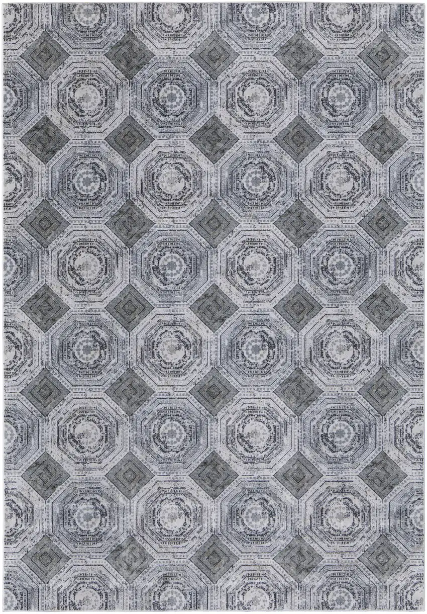 Gray Geometric Power Loom Worn Faded Area Rug Photo 2