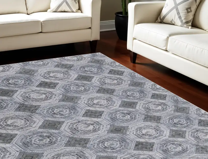 Gray Geometric Power Loom Worn Faded Area Rug Photo 1